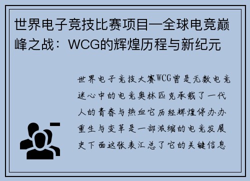 世界电子竞技比赛项目—全球电竞巅峰之战：WCG的辉煌历程与新纪元